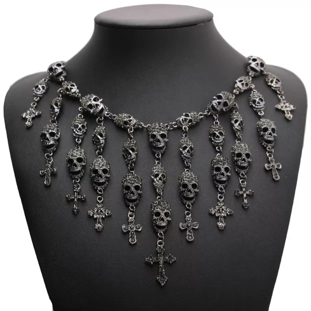 Skull Crucifix Cross Drop Statement Necklace